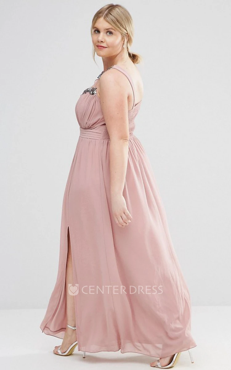 A-Line Ankle-Length Sleeveless Beaded Scoop-Neck Chiffon Bridesmaid Dress With Ruching And Pleats
