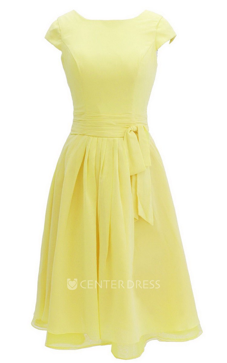 Cap-sleeved Knee-length Chiffon Dress With Ribbon - UCenter