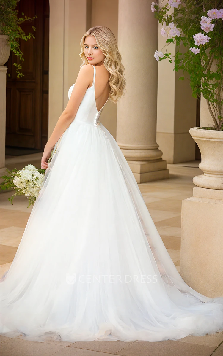 A-Line Spaghetti Sleeveless V-neck Elegant Floor-length Bride Gowns Wedding Dress