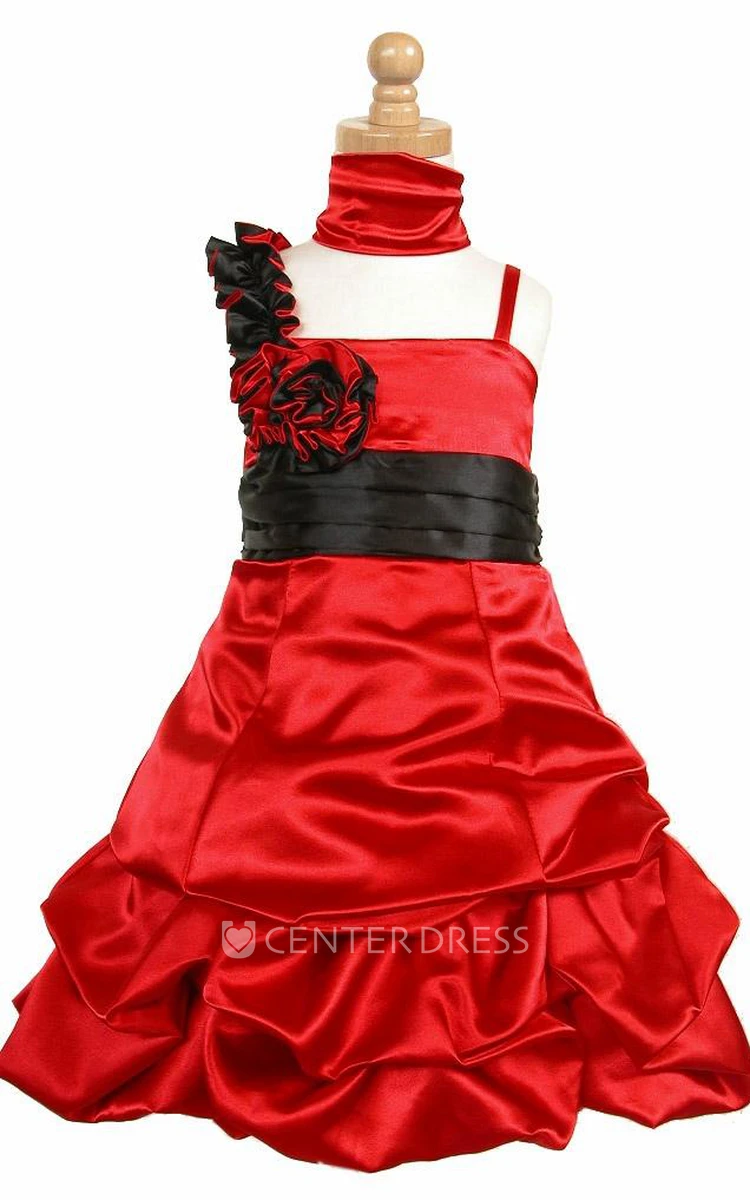 Knee-Length Cape Floral Ruched Satin Flower Girl Dress With Sash
