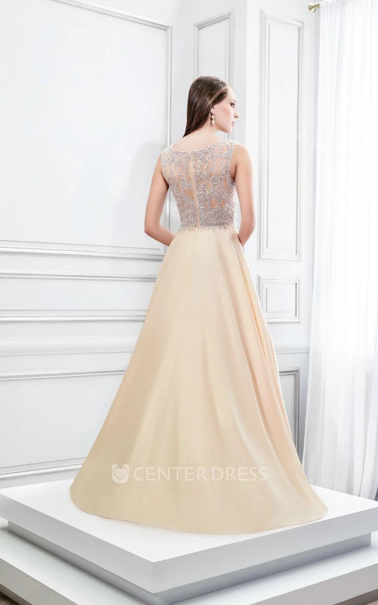 A-Line Sleeveless Scoop Neck Beaded Satin Prom Dress With Illusion Back