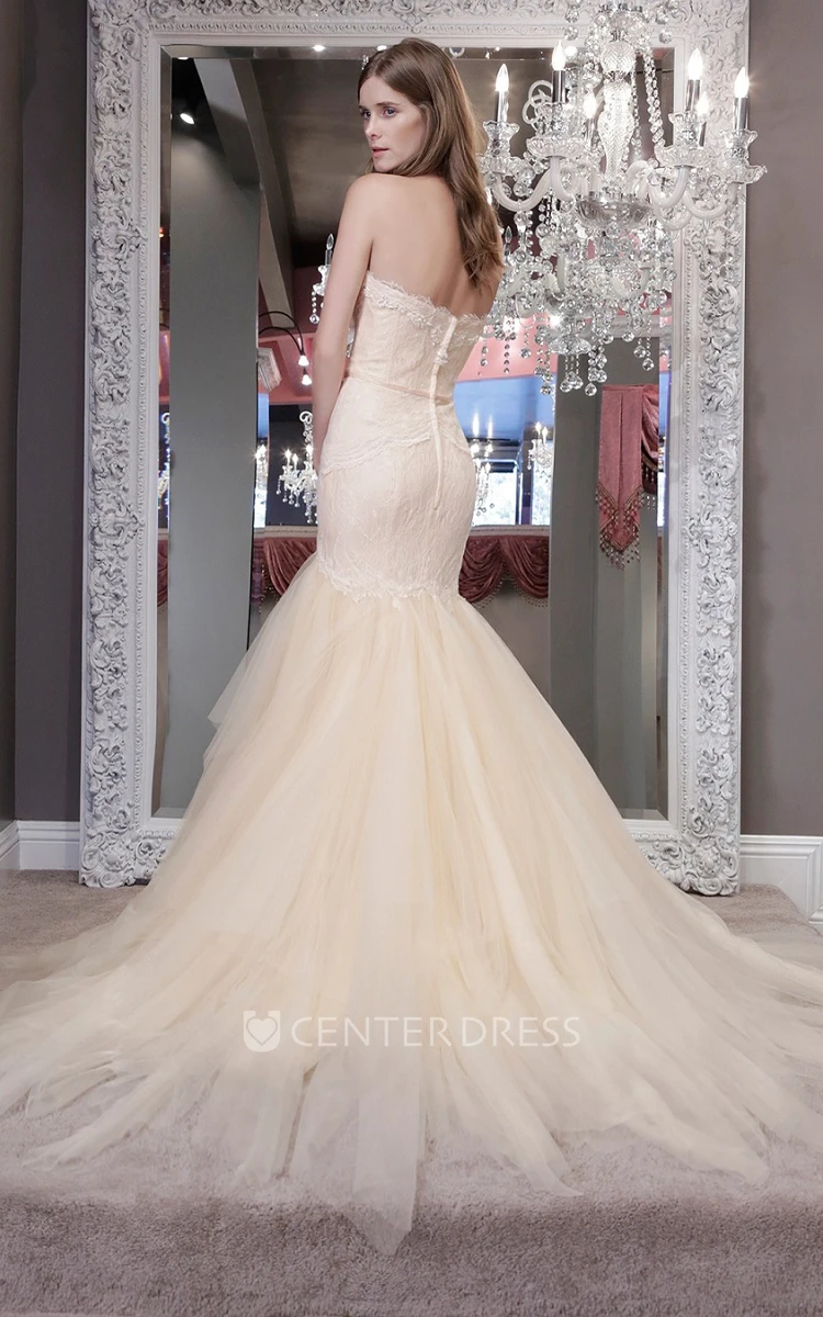 Mermaid Floor-Length Sleeveless Sweetheart Appliqued Tulle Wedding Dress