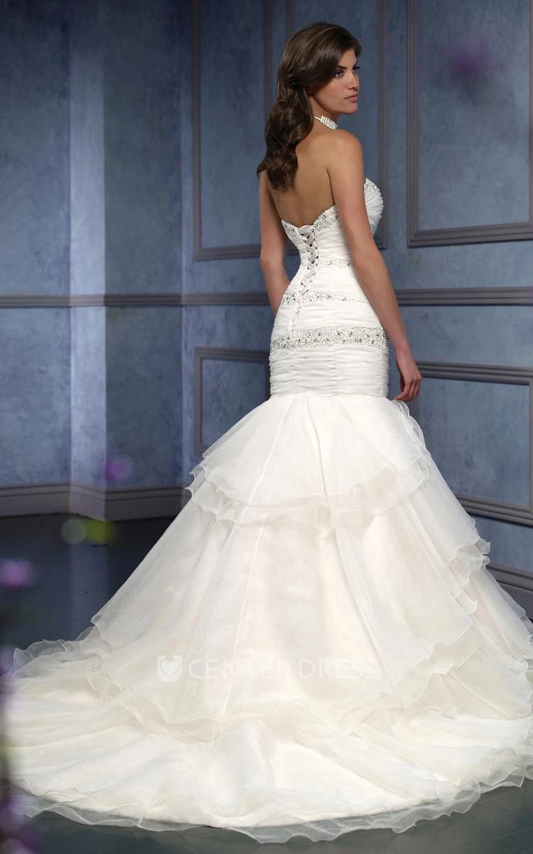 Trumpet Beaded Long Sweetheart Organza Wedding Dress With Criss Cross And Flower