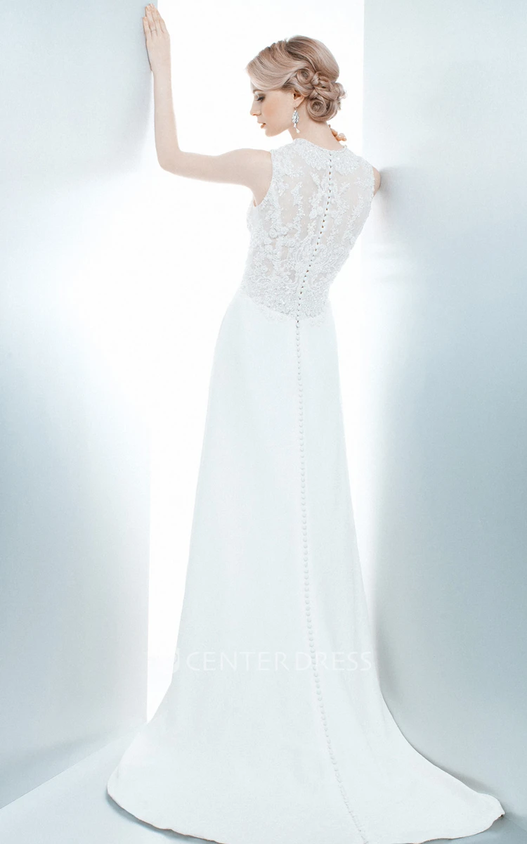 Sheath Appliqued Floor-Length Sleeveless Jewel Lace&Satin Wedding Dress With Sweep Train And Illusion Back