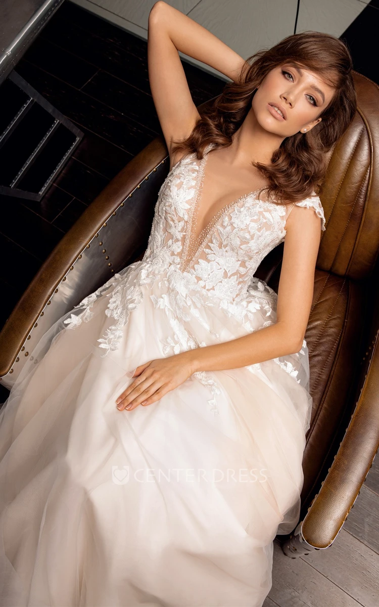 Romantic Ball Gown Tulle Plunging Neck Wedding Dress with Appliques and Train