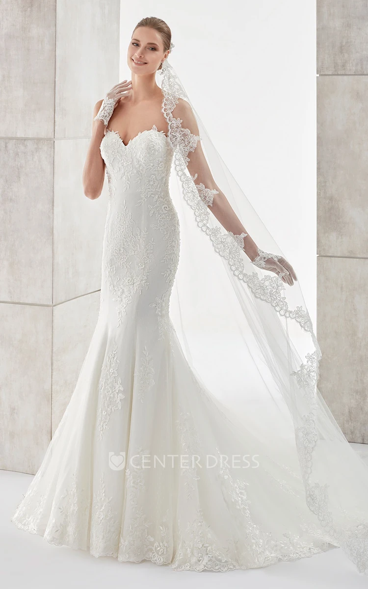 Sweetheart Sheath Mermaid Gown With Lace Appliques And Detachable Illusion Lace