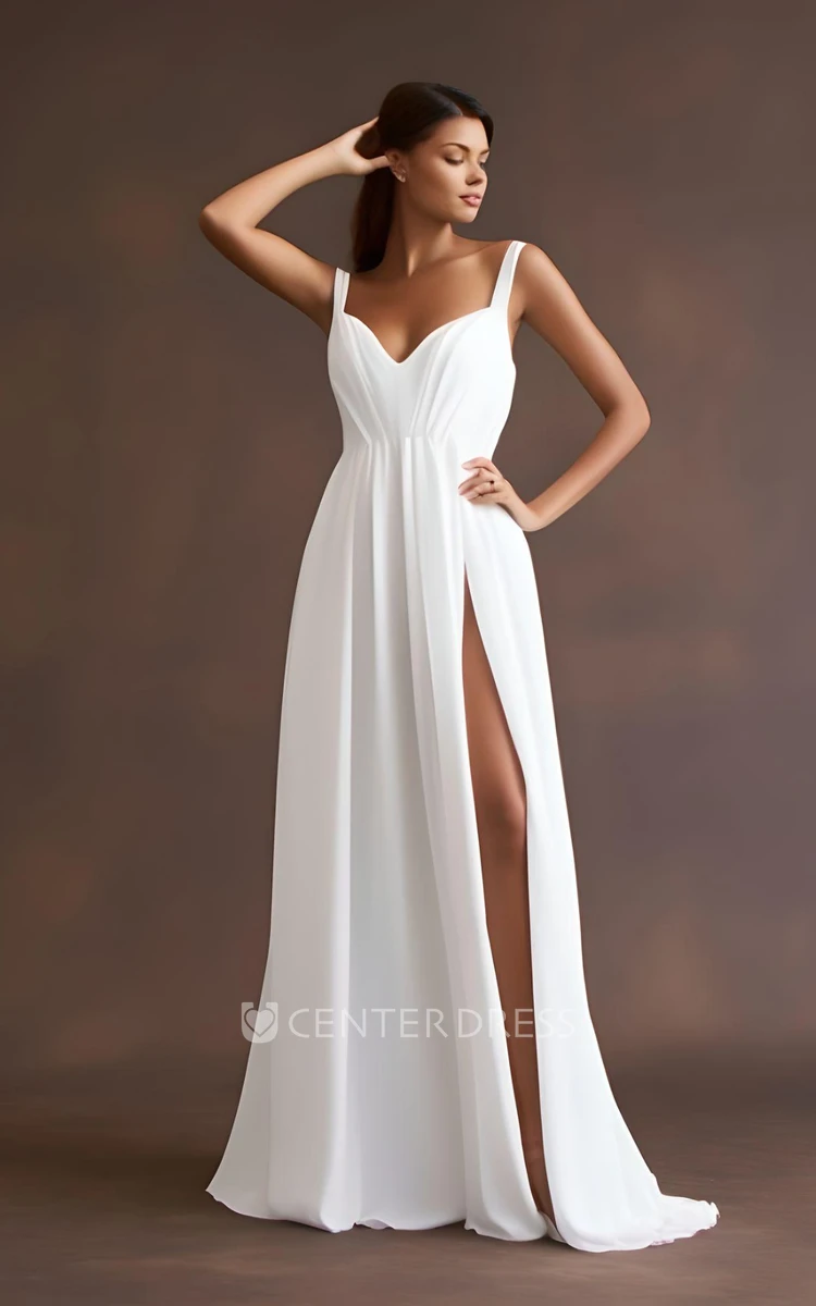 Casual A-Line Chiffon Wedding Dress V-neck Sleeveless Split Front Ethereal Modern Floor-length