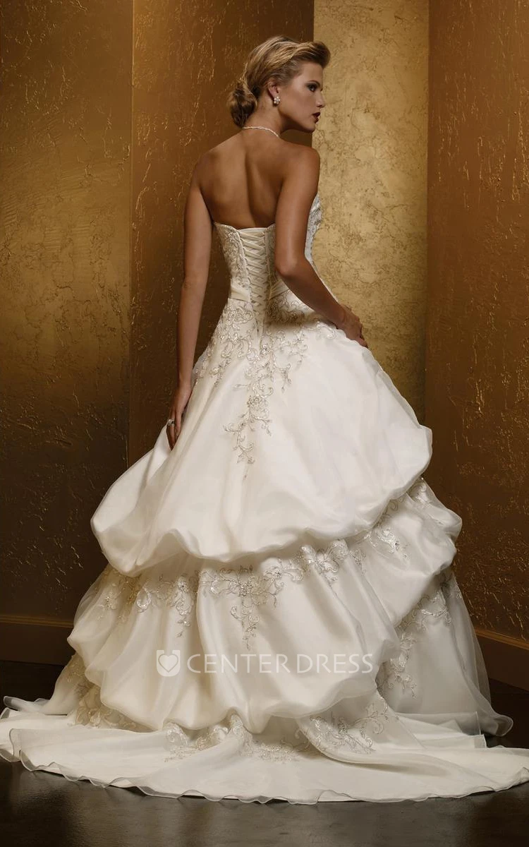 Ball Gown Sweetheart Pick-Up Satin Wedding Dress With Embroidery And Tiers