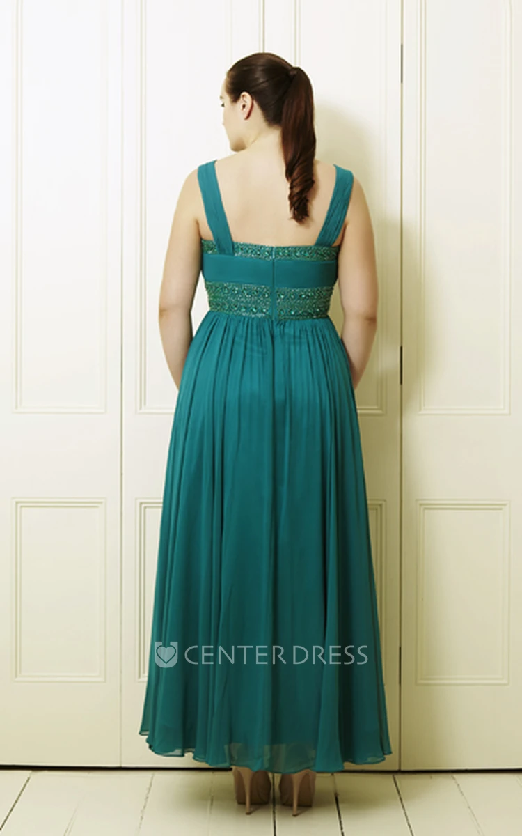 A-Line Strapped Beaded Ankle-Length Sleeveless Chiffon Plus Size Prom Dress With Pleats