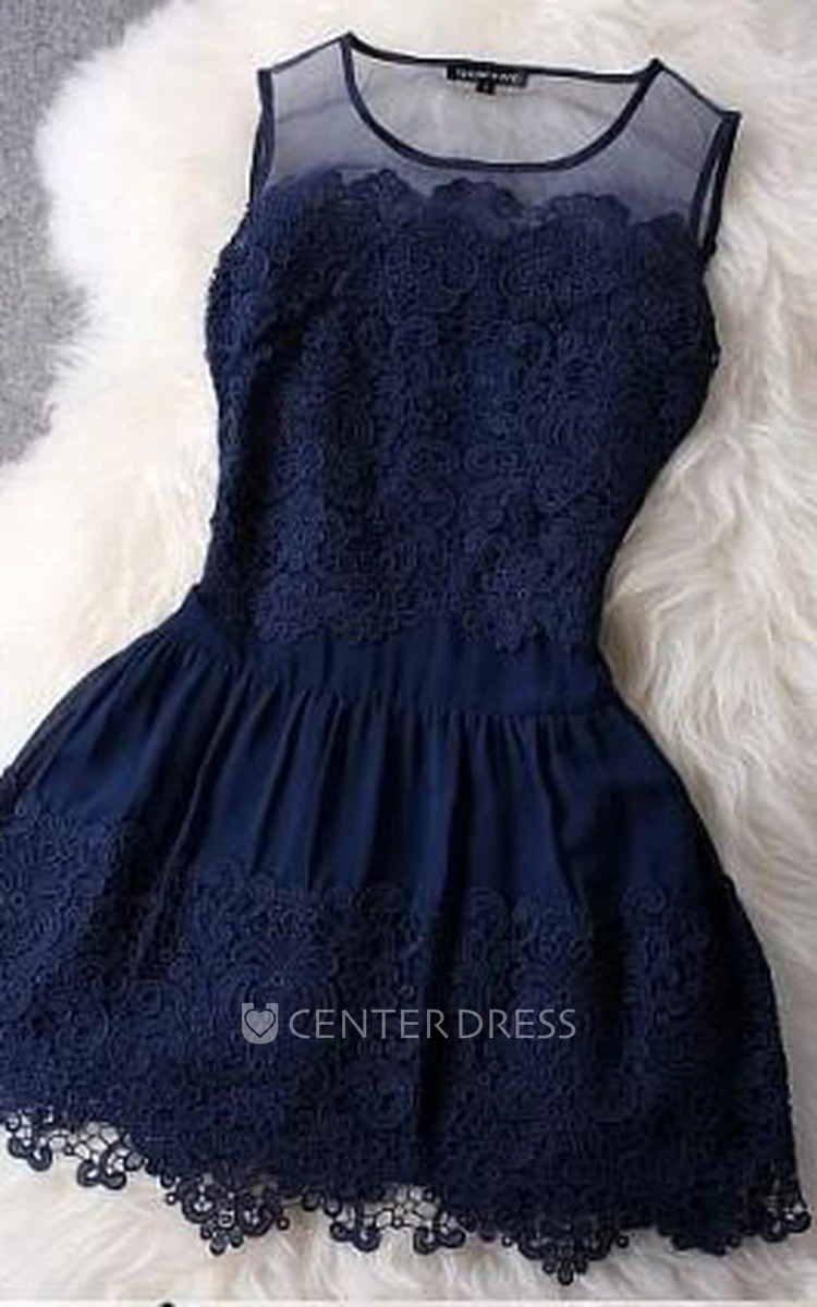 Newest Illusion Sleeveless Short Homecoming Dress With Lace
