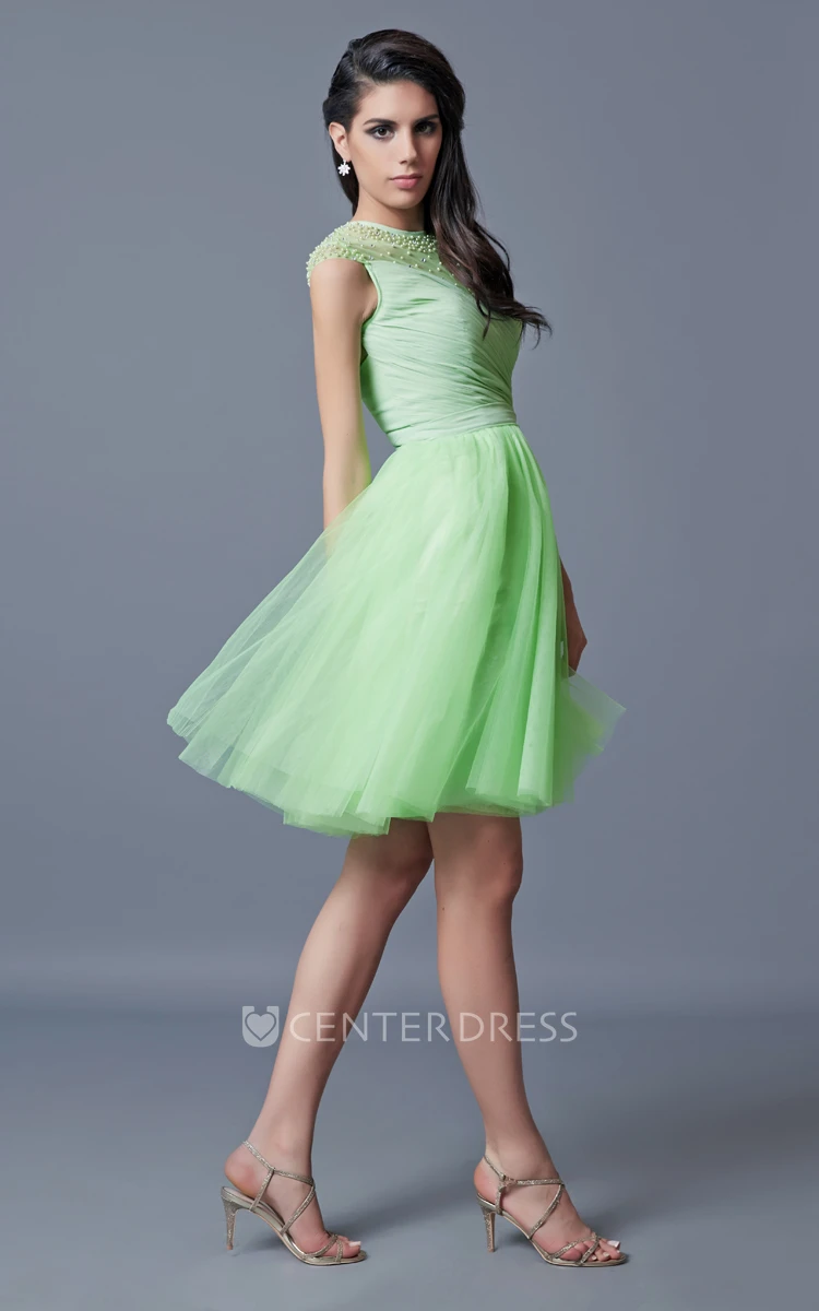 Cap Sleeve A-line Short Tulle Homecoming Dress With Beading and Pleats