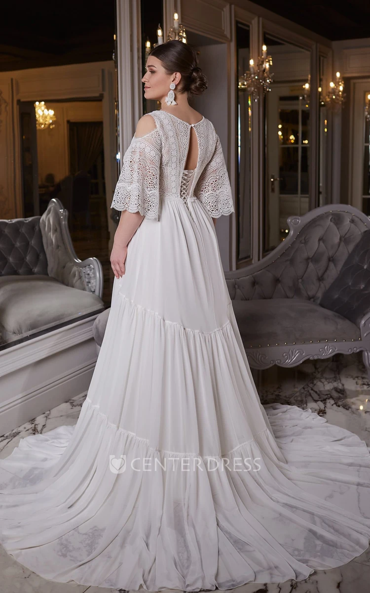Romantic Chiffon V-Neck A-Line Garden Wedding Dress with Keyhole Back Simple Garden Wedding Dress