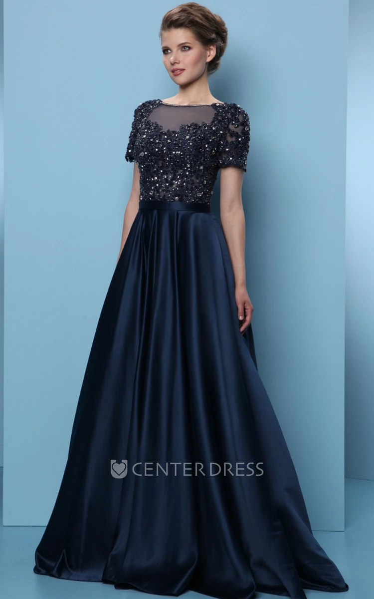 A-Line Long Short-Sleeve Crystal Scoop-Neck Satin Prom Dress With Pleats