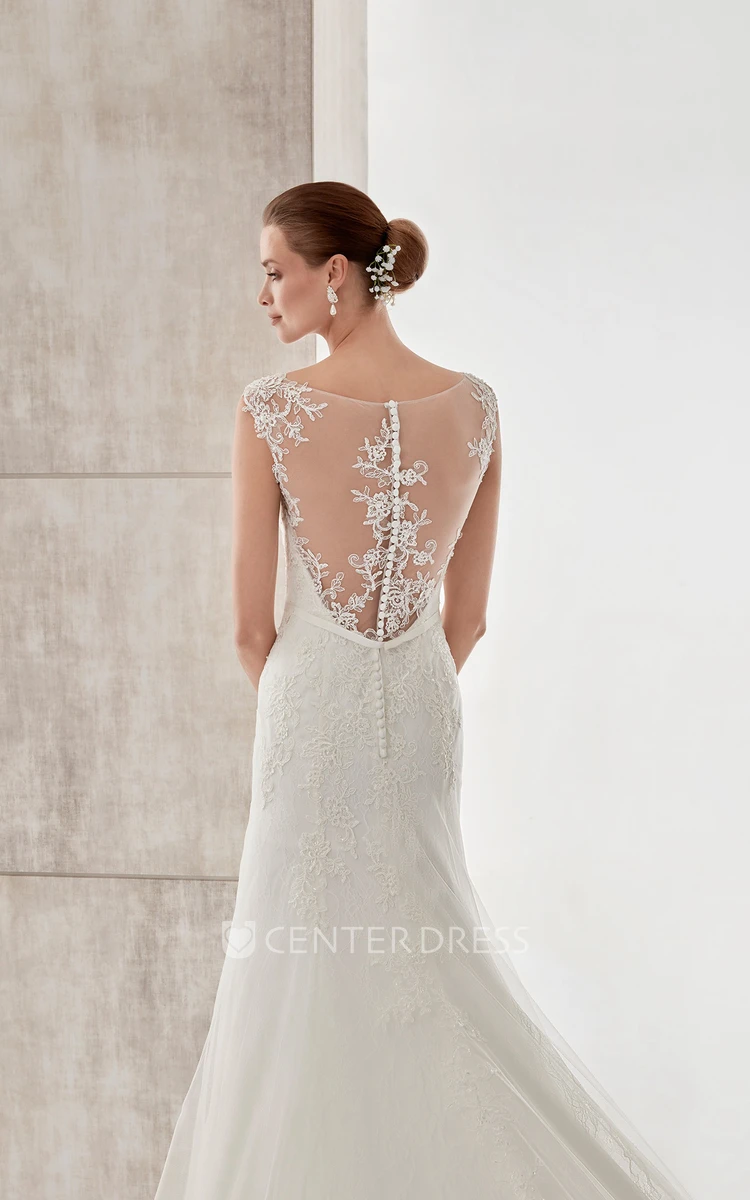 Jewel-neck Cap-sleeve Mermaid Wedding Dress with Beaded Belt and Illusive Design
