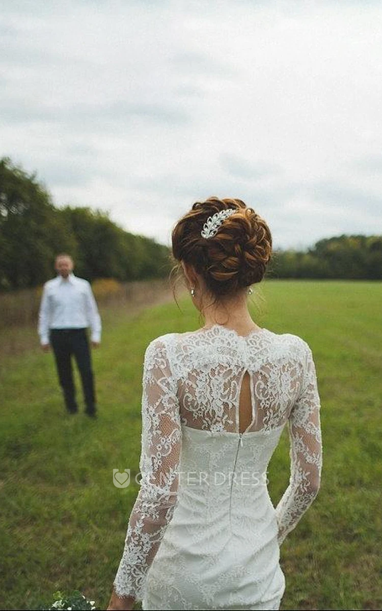 Scalloped Illusion Sleeve Keyhole Back Sheath Long Lace Wedding Dress