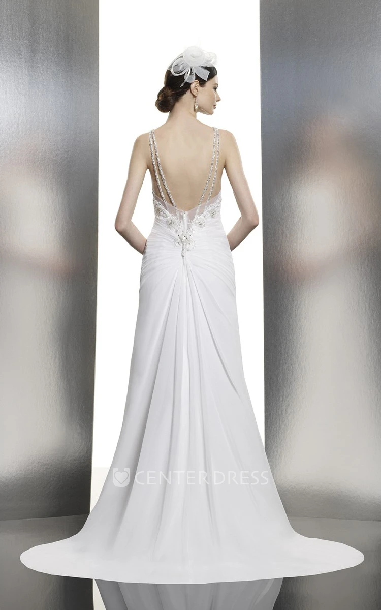 A-Line Sleeveless Spaghetti Floor-Length Ruched Chiffon Wedding Dress With Beading