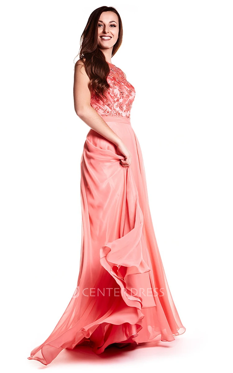 A-Line Long Bateau Sleeveless Appliqued Prom Dress With Illusion Back And Brush Train