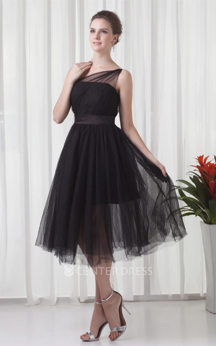 Tea-Length One-Shoulder A-Line Tulle Prom Dress with Pleats