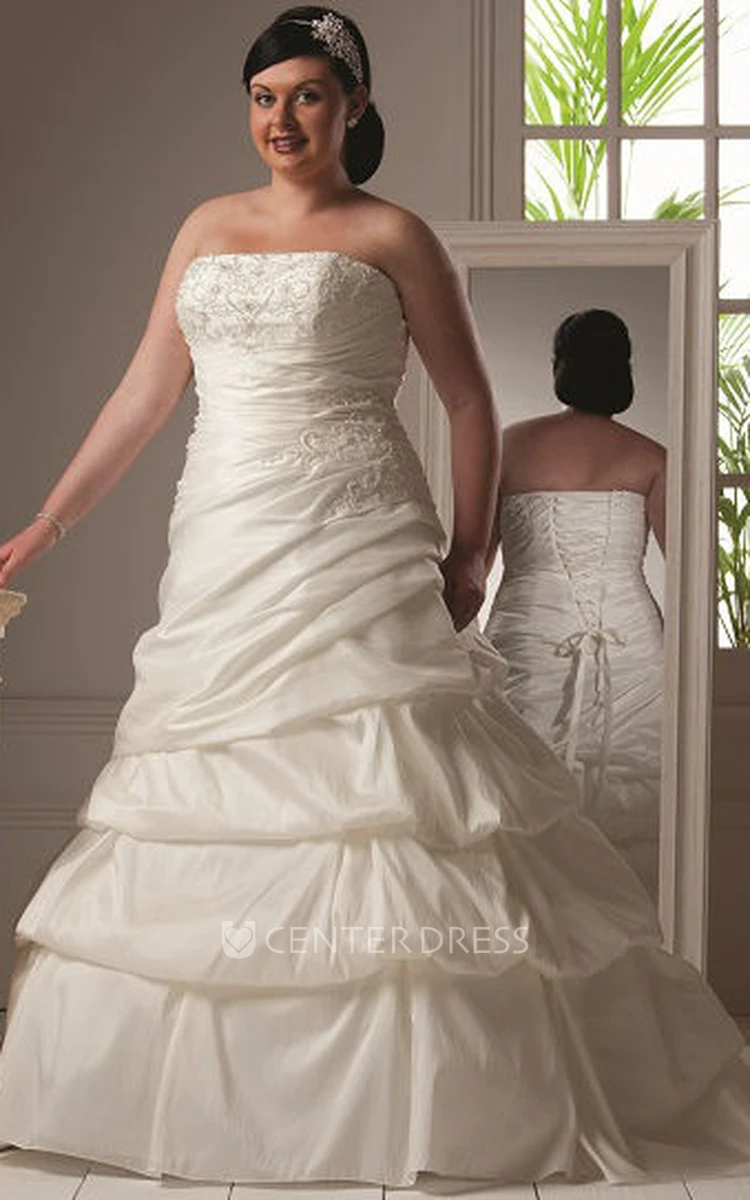 Strapless Lace-Up Taffeta Bridal Ball Gown With Ruffles