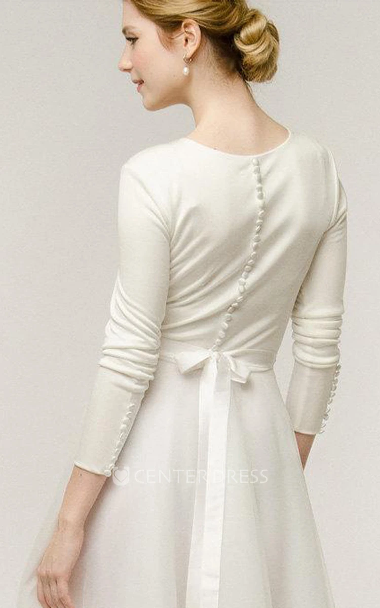 A-Line Long Sleeve Tulle Button Wedding Dress