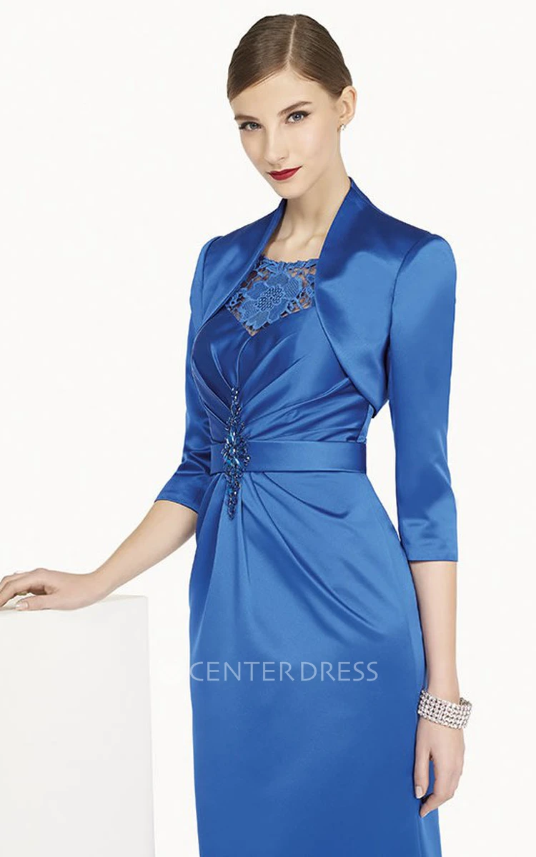 Scoop Neck Cap Sleeve Sheath Satin Long Prom Dress With Removable Jacket