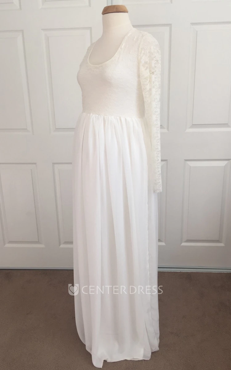 A-line Chiffon Lace Scoop Long Sleeve Lace Pleated Maternity Wedding Dress
