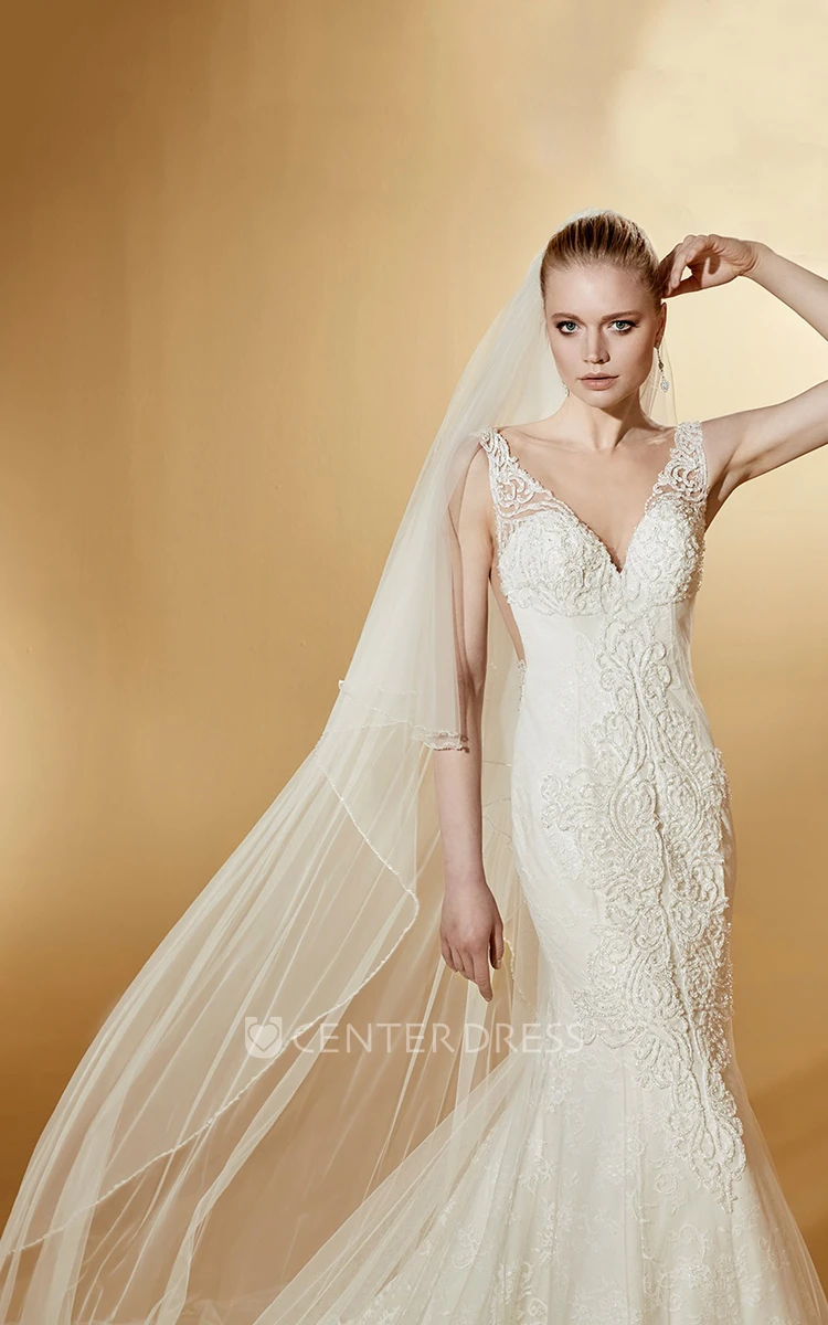 Chic Cap sleeve Mermaid Lace Wedding Gown with Illusive Appliques Straps and Court Train 