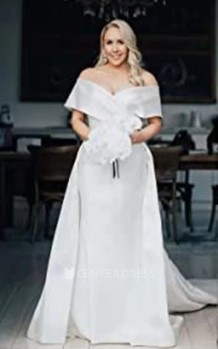 Casual Satin A-Line Wedding Dress with Off-the-shoulder and Short Sleeves