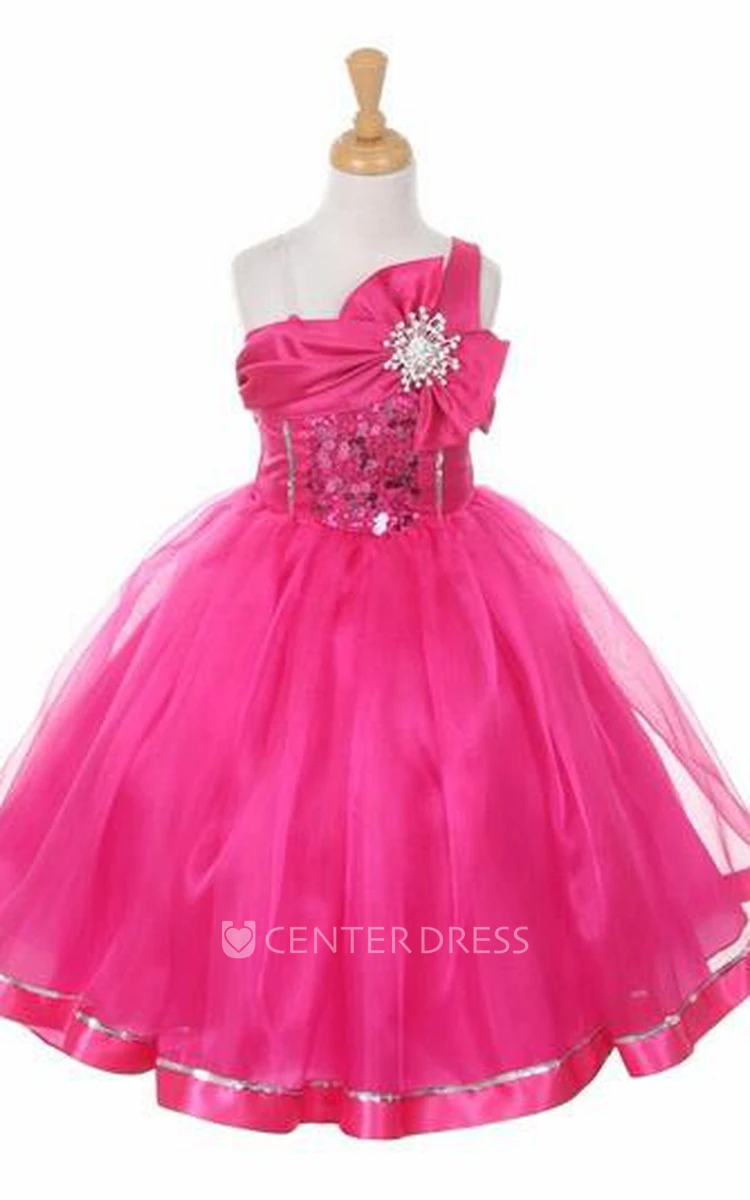 Broach Tea-Length Tiered Bowed Sequins&Organza Flower Girl Dress With Sash
