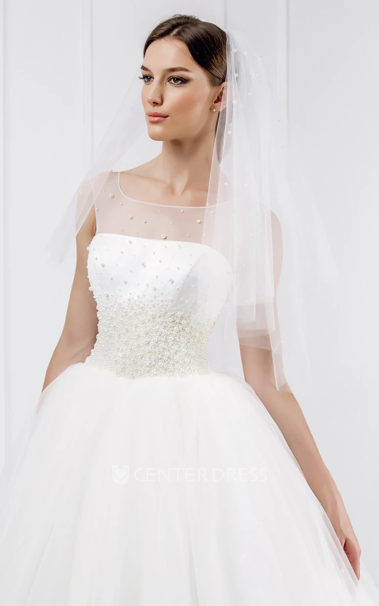 Ball-Gown Long Sleeveless Bateau Crystal Tulle Wedding Dress With Corset Back And Court Train