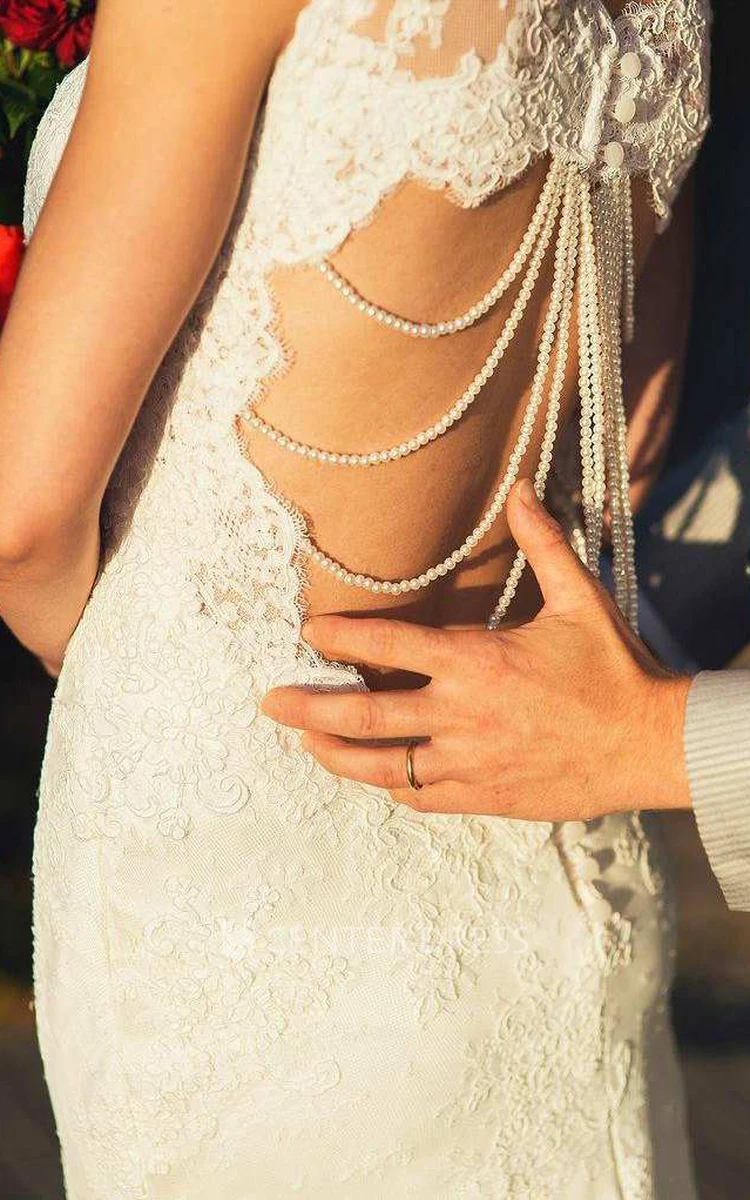 Sleeveless Lace A-Line Wedding Dress With Beaded Keyhole Back