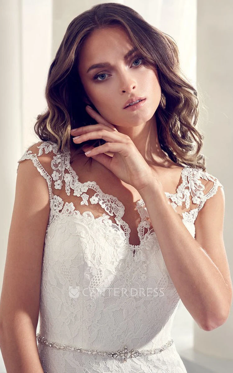 Jeweled V-Neck Cap Sleeve Lace Wedding Dress