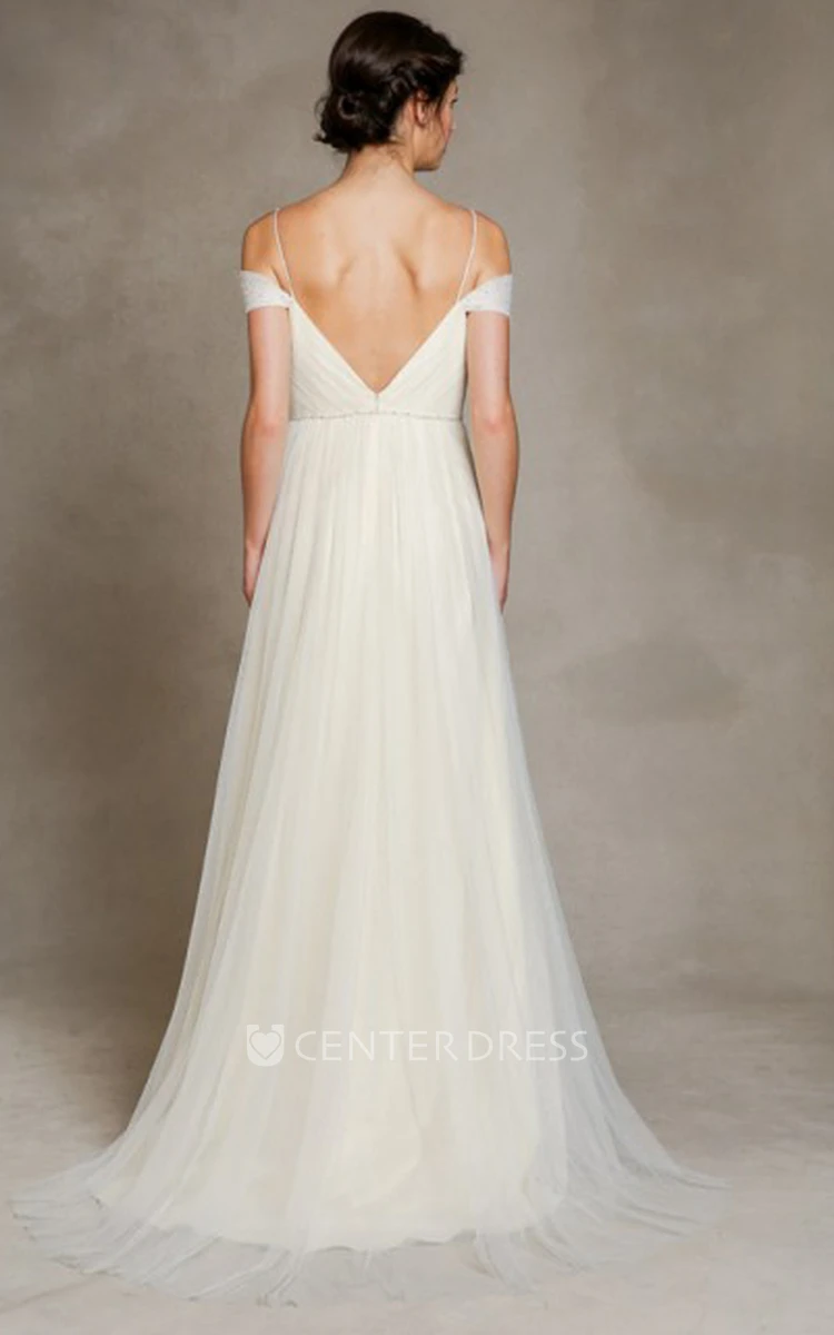 A-Line Jeweled Floor-Length Spaghetti Tulle Wedding Dress With Pleats