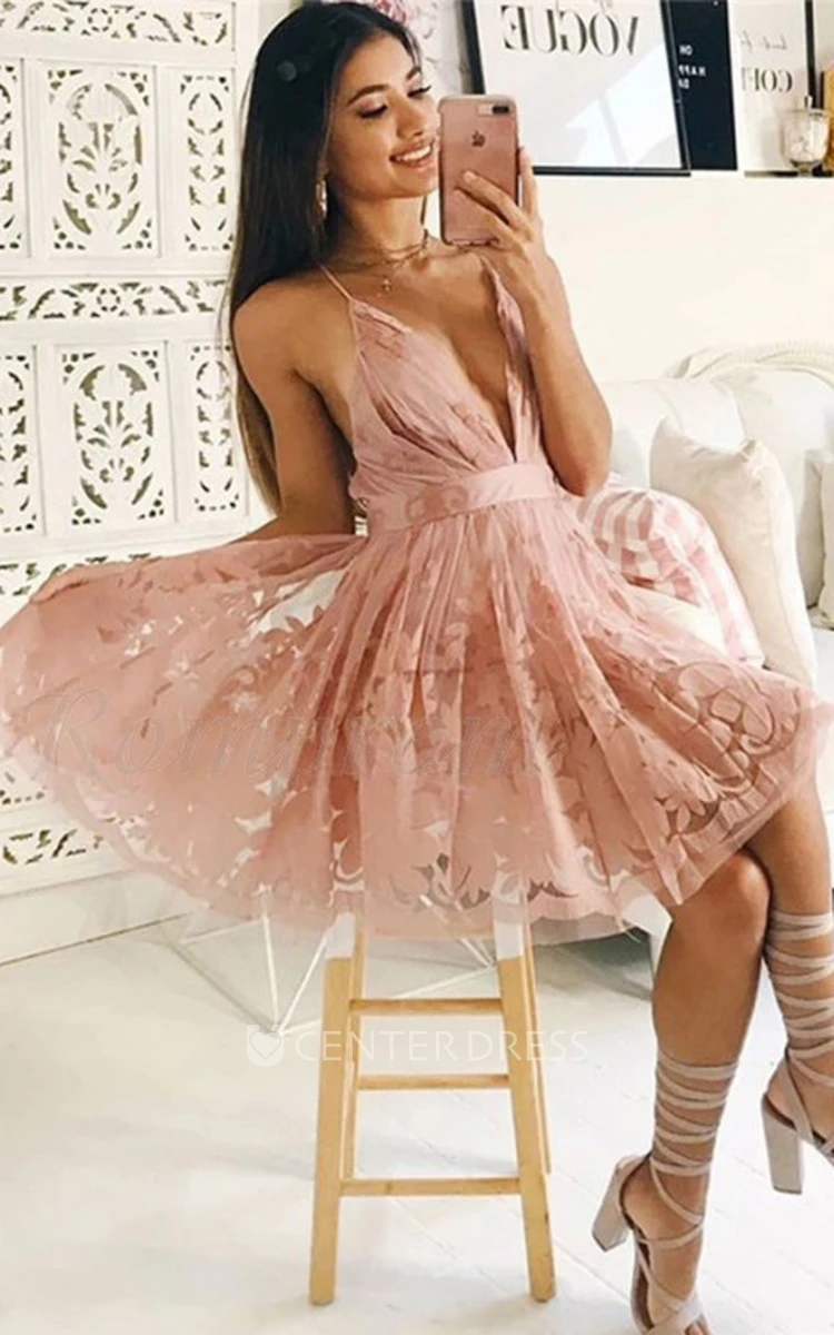 Modern A Line Lace Plunging Neckline Sleeveless Homecoming Dress with Ruffles