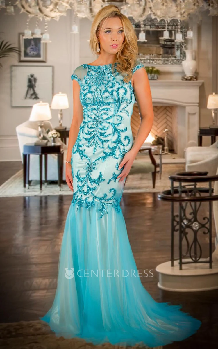 Sheath Jewel-Neck Cap-Sleeve Beaded Floor-Length Tulle Prom Dress