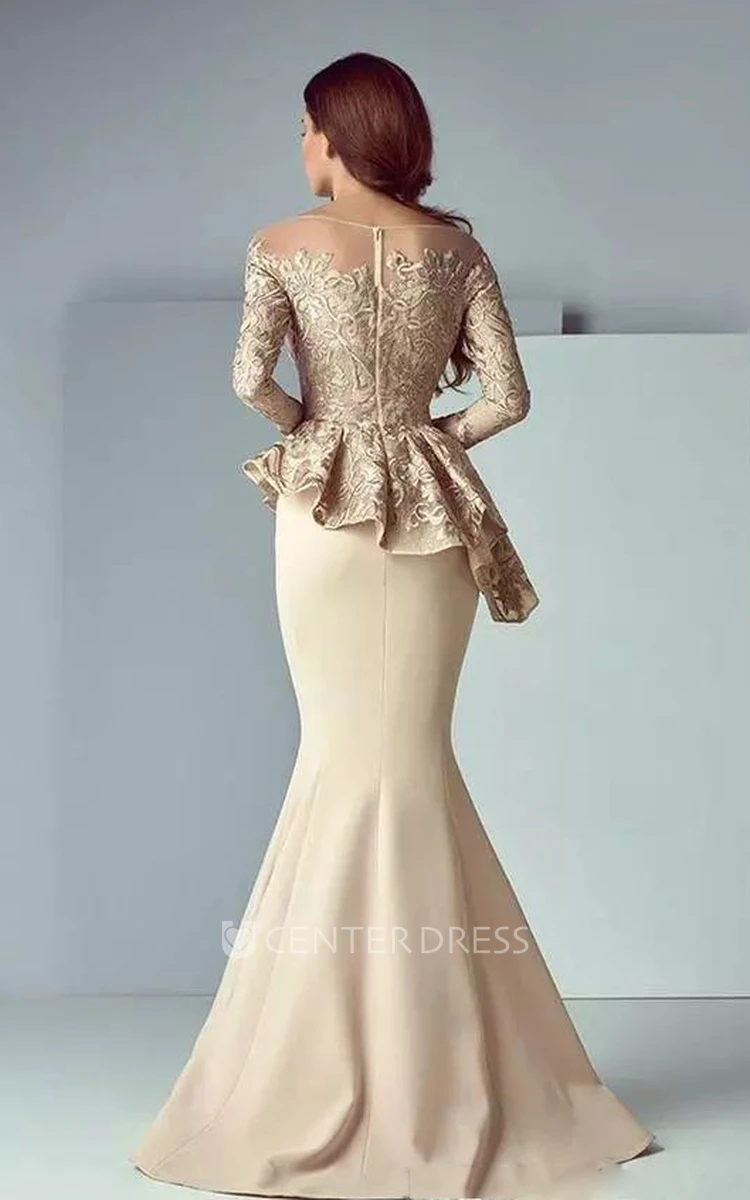 Long Sleeve Mermaid Bateau Floor-length Satin Lace Mother of the Bride Dress with Peplum