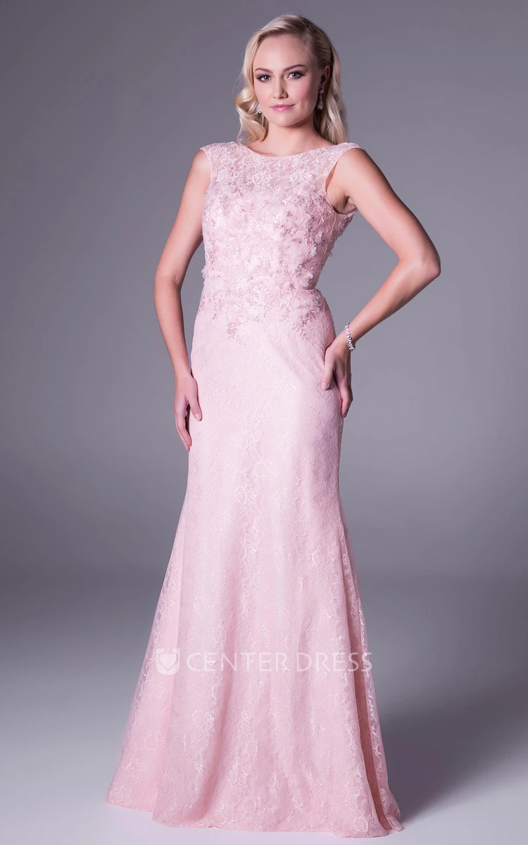 Sheath Long Sleeveless Scoop-Neck Appliqued Lace Wedding Dress
