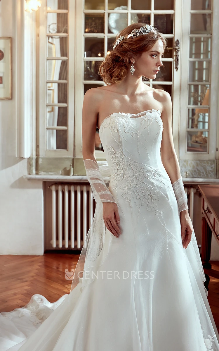 Strapless Wedding Dress With Beaded Appliques and Brush Train  