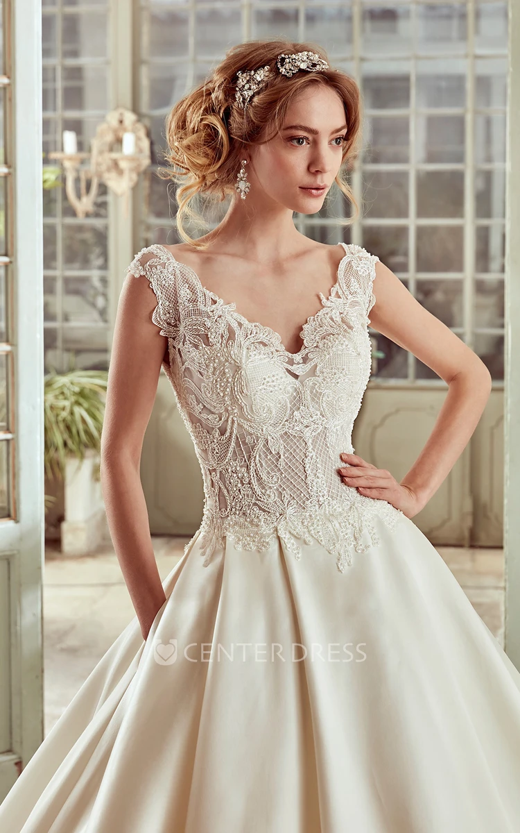 Strap-Neckline A-Line Wedding Dress With Lace Bodice And Satin Skirt
