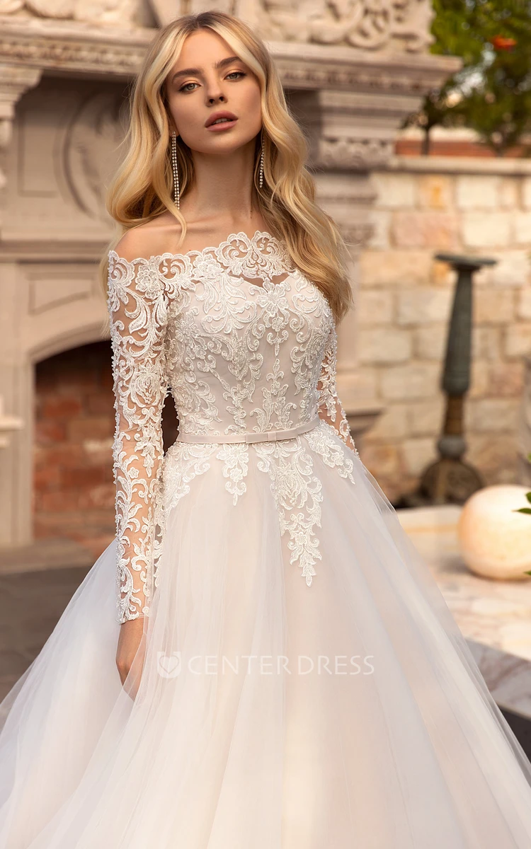 Off-the-shoulder Sash Illusion Long Sleeve And Button Back Lace Tulle Bridal Ballgown Dress