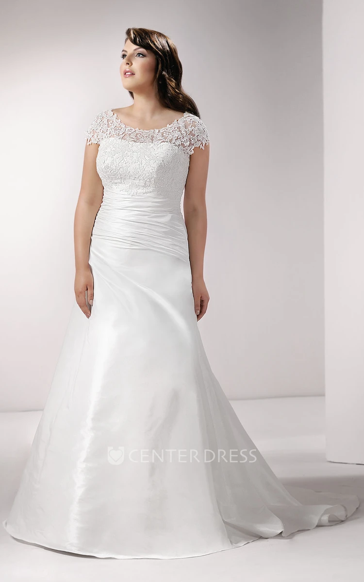 Lace Caped-Sleeve Ruched Gown With Brush Train