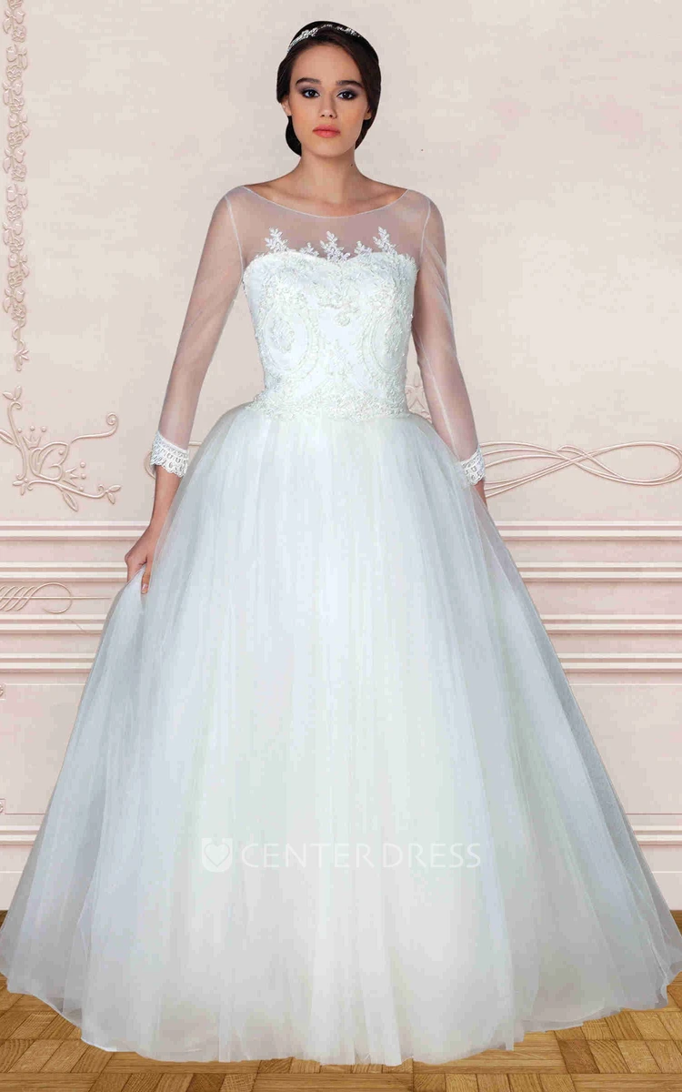 Maxi Scoop Long-Sleeve Appliqued Tulle Wedding Dress With Sweep Train And Illusion