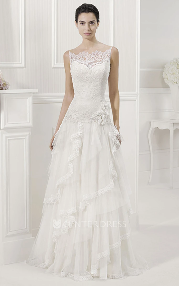 Back Spaghetti Straps Bridal Gown With Sequined Lace Top And Layered Skirt