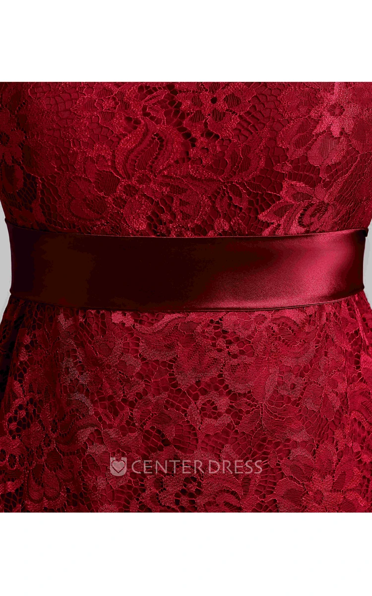 Sheath Knee-length Pleats Ruching Lace Dress
