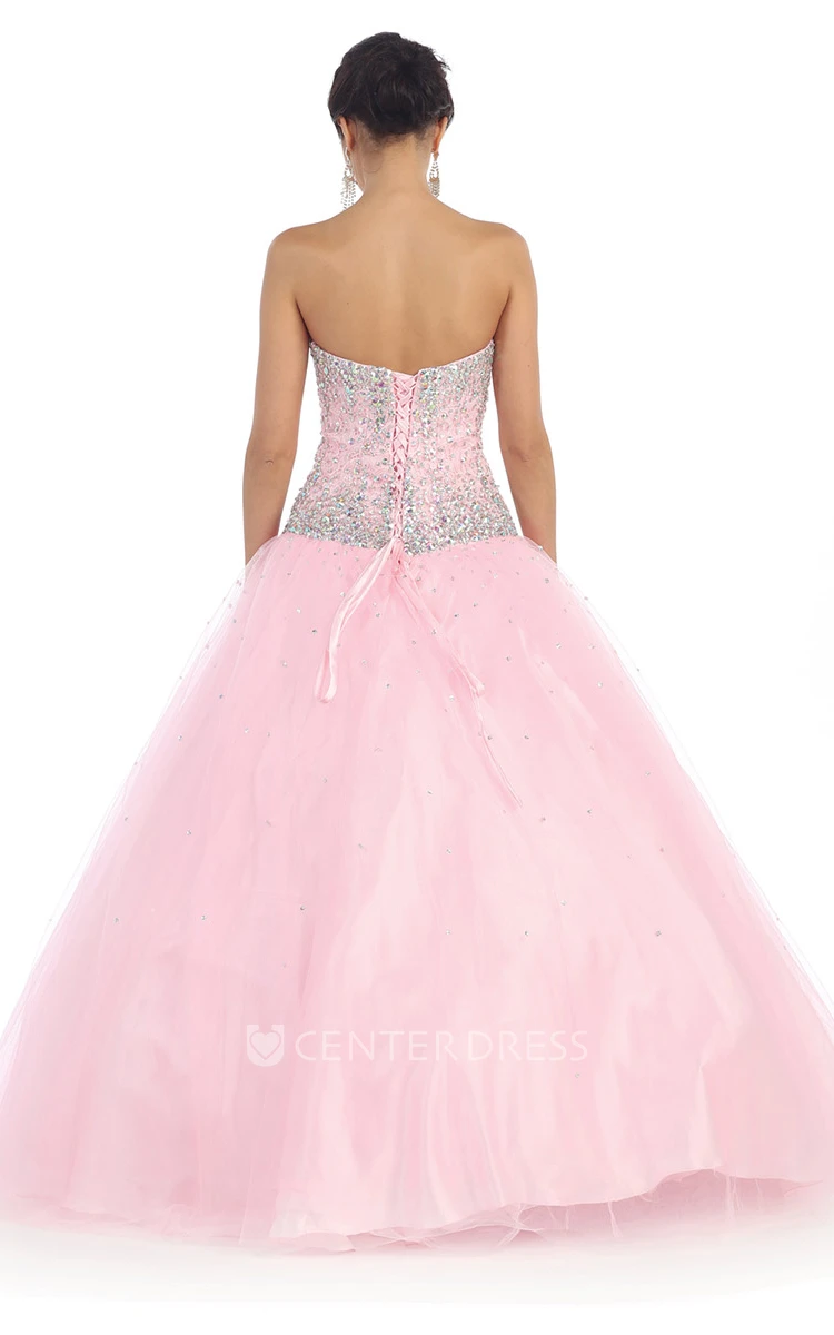 Ball Gown Sweetheart Sleeveless Tulle Satin Lace-Up Dress With Beading
