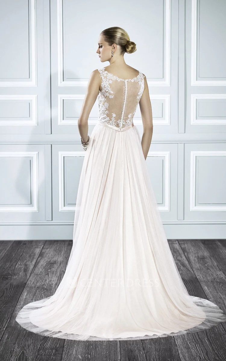 Sheath Sleeveless Scoop Maxi Appliqued Lace Wedding Dress With Pleats And Illusion Back