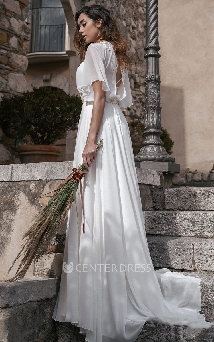 Romantic Jewel A Line Chiffon Sweep Train Wedding Dress with Sash