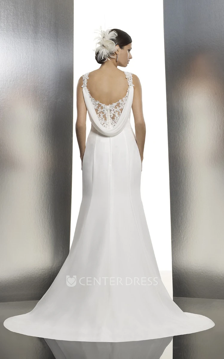 A-Line Side-Draped V-Neck Floor-Length Sleeveless Satin Wedding Dress With Lace And Low-V Back
