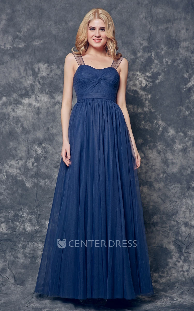 A-line Ruched Long Tulle Dress With Illusion Sleeve