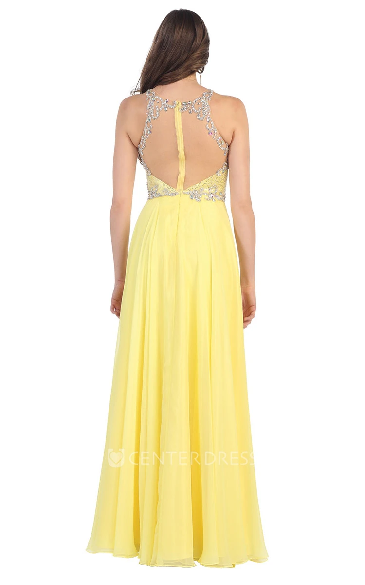 A-Line Long Jewel-Neck Sleeveless Chiffon Illusion Dress With Beading And Sequins